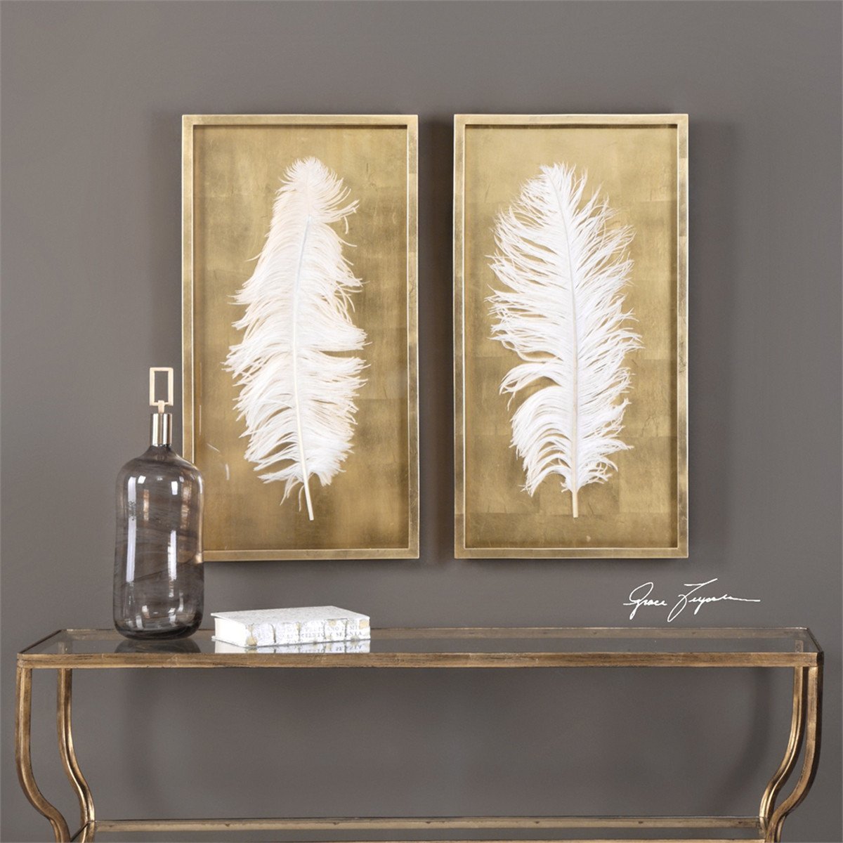 Uttermost White Feathers Gold Shadow Box, 2-Piece Set