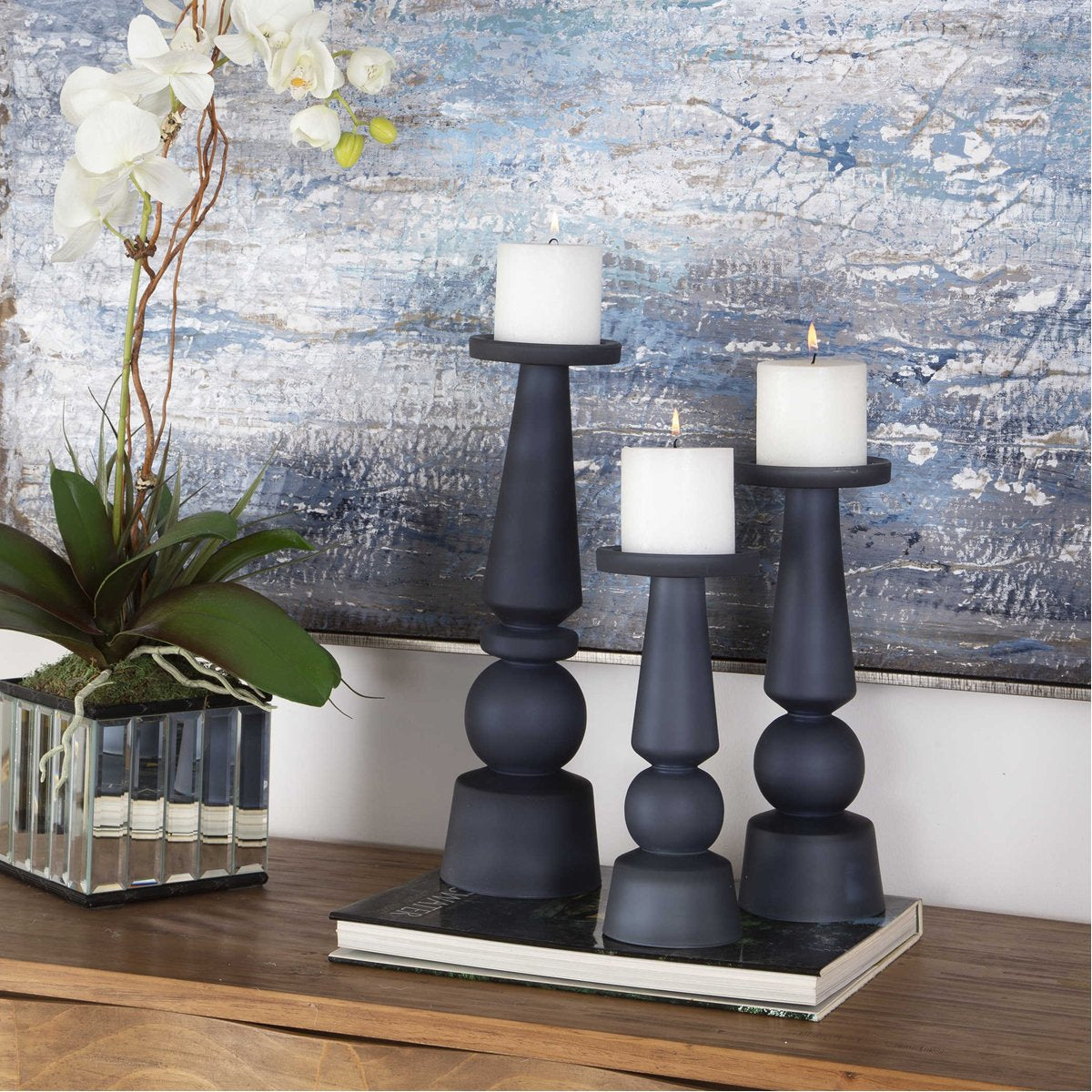 Uttermost Cassiopeia Blue Glass Candleholders, 3-Piece Set