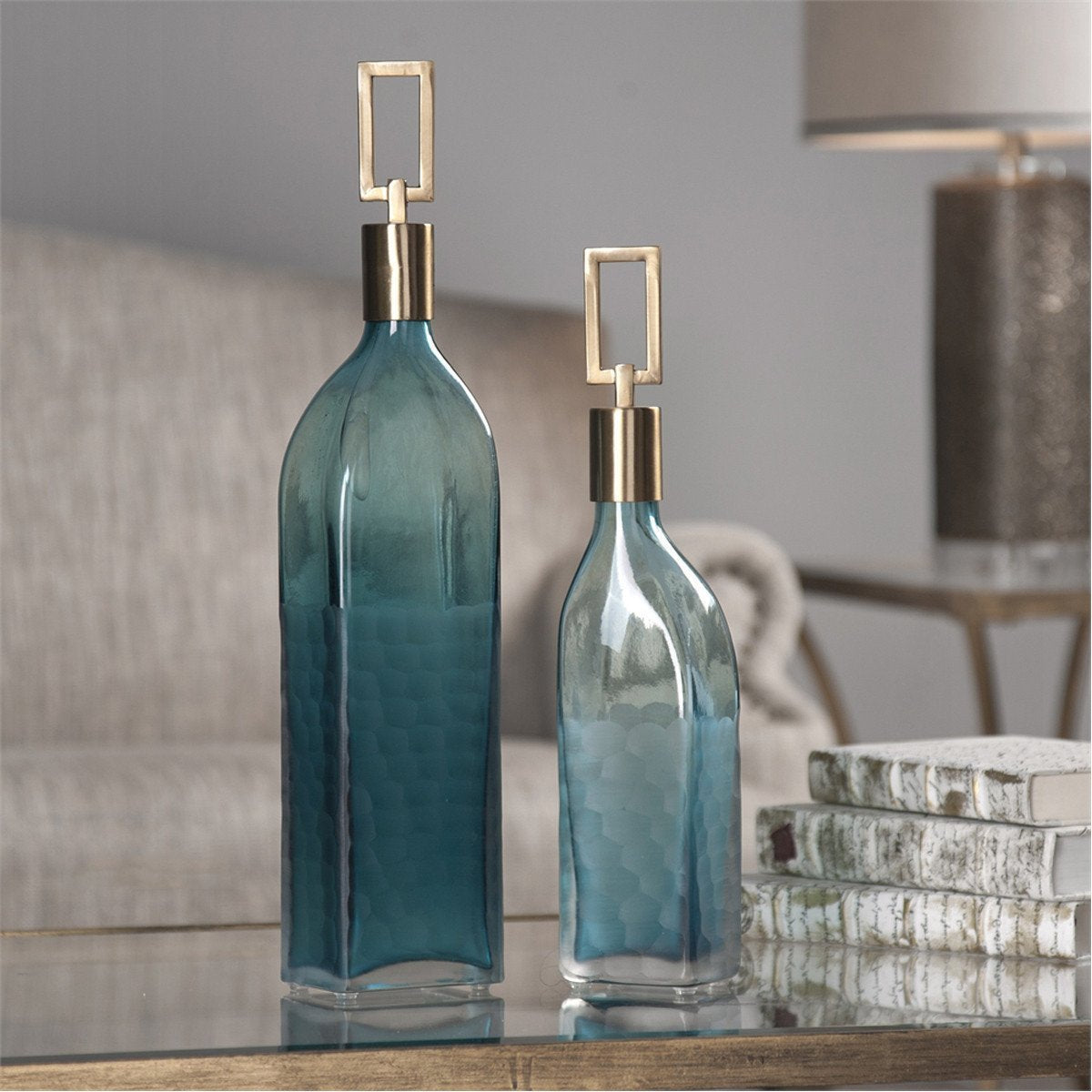 Uttermost Annabella Teal Glass Bottles, 2-Piece Set