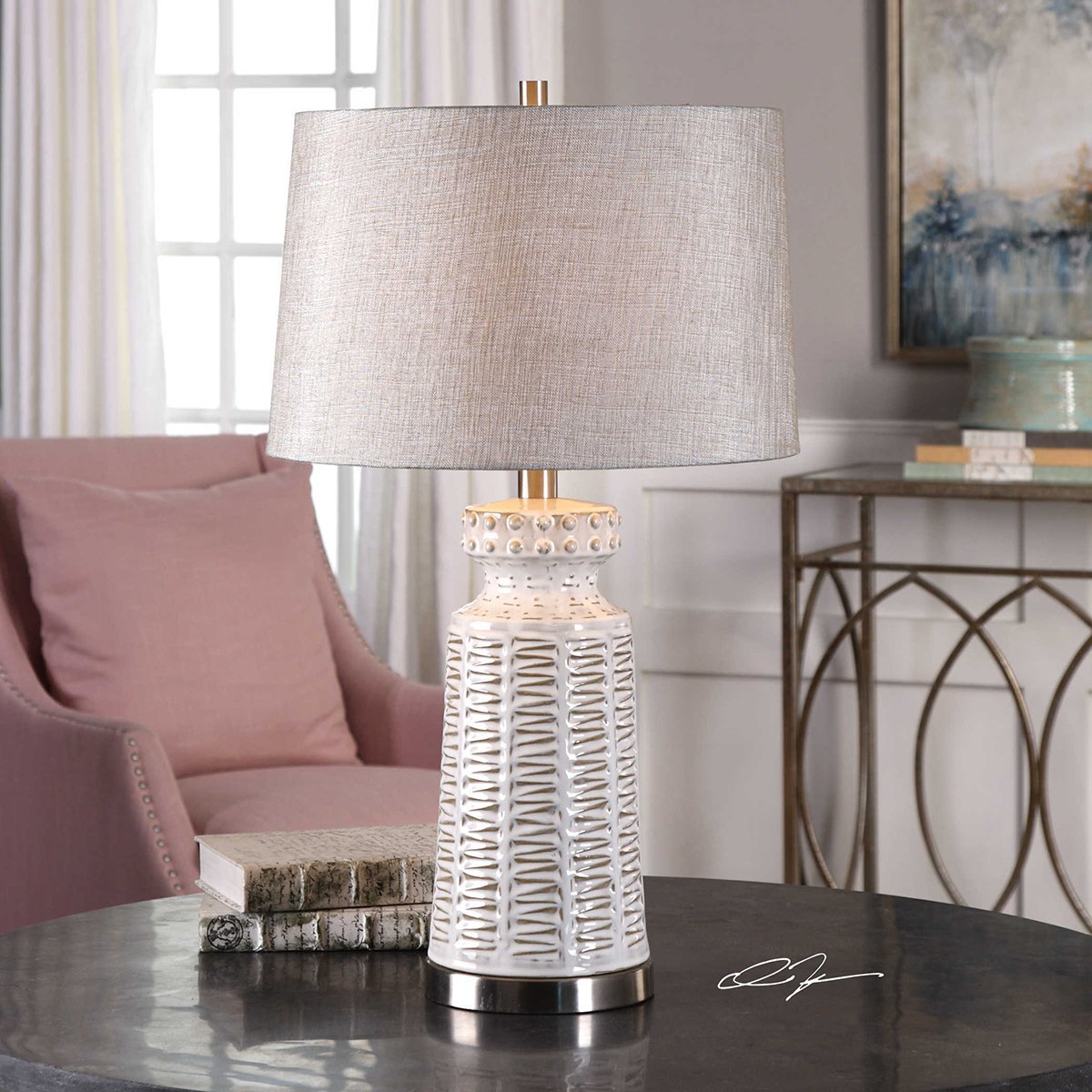 Uttermost Kansa Distressed White Table Lamp