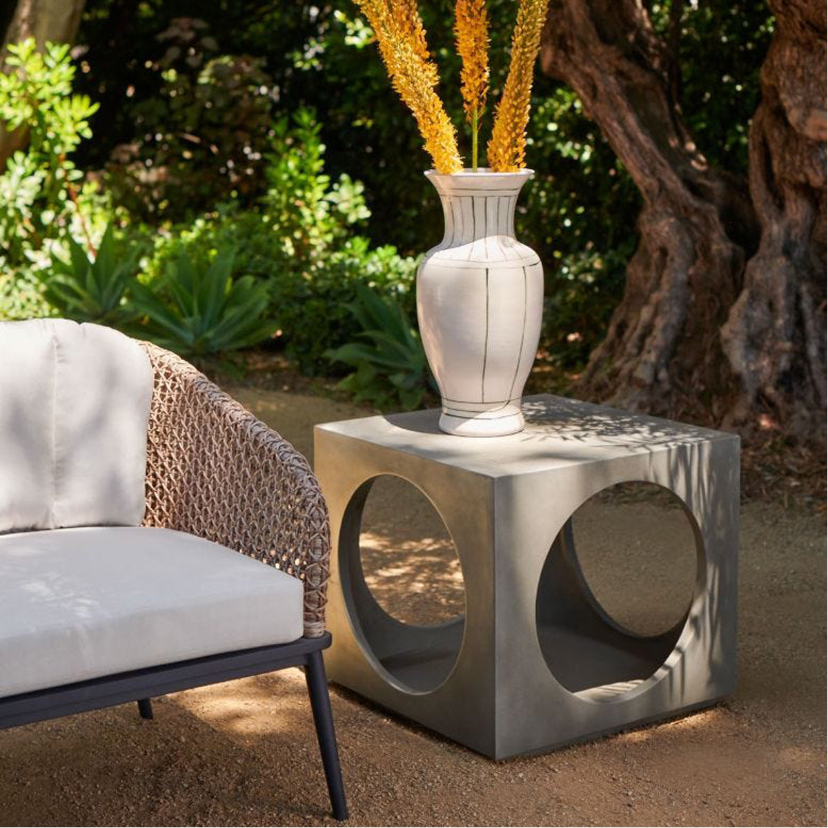 Made Goods Cassel Cube Outdoor Side Table with Circle Cutouts