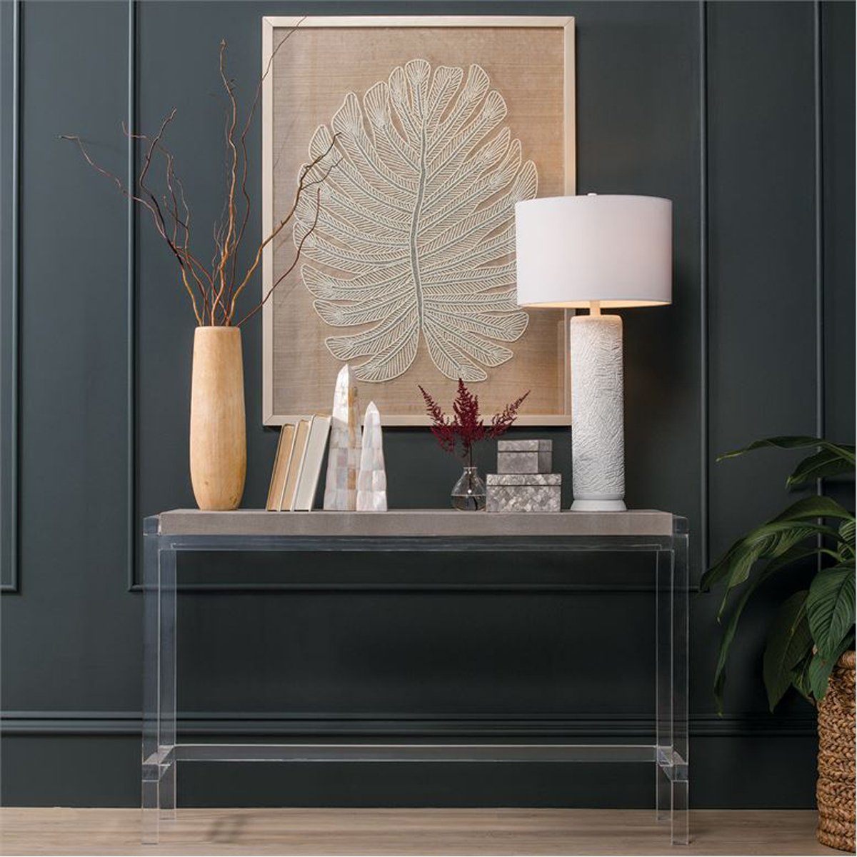 Made Goods Cassian Acrylic Console Table with Petrified Wood Top