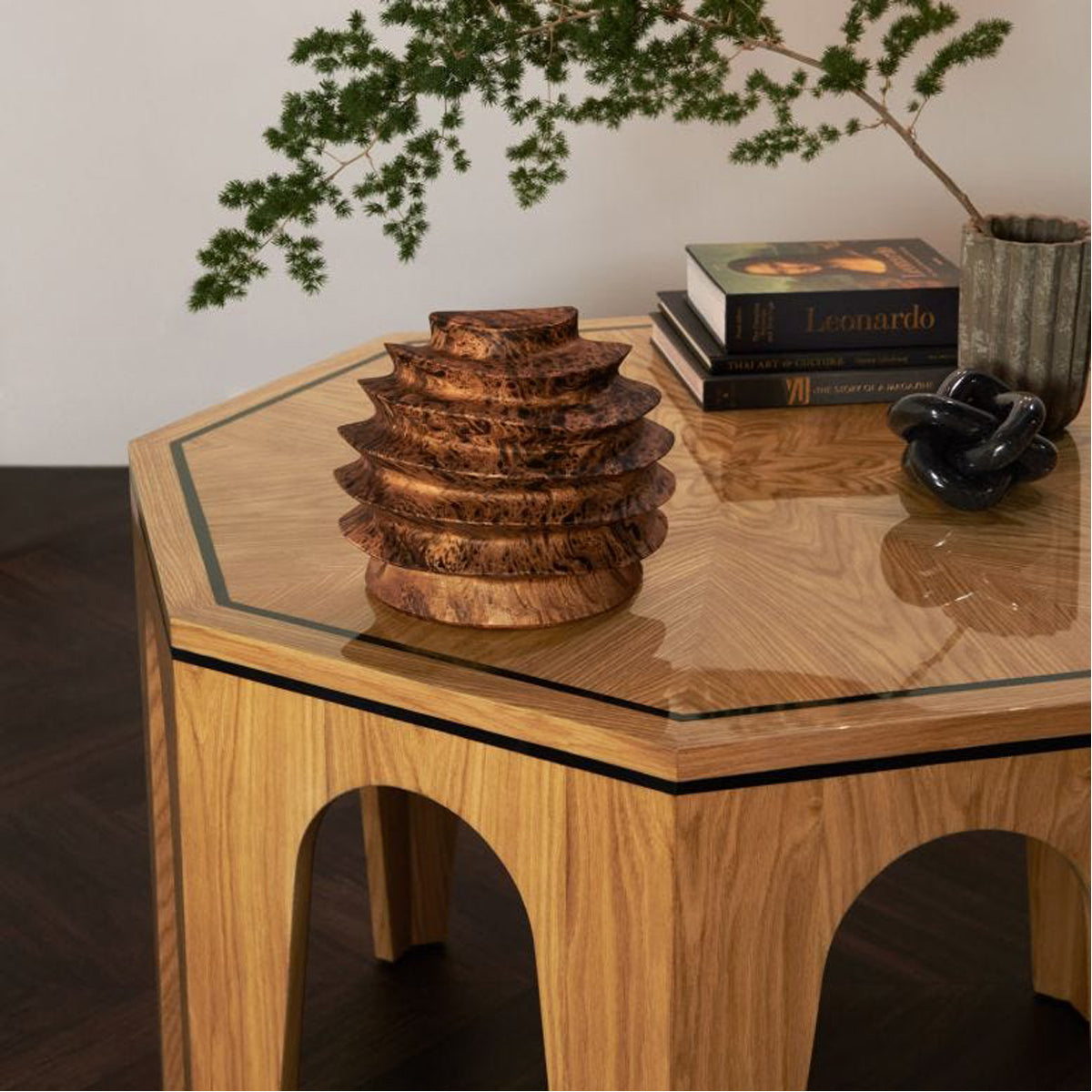 Made Goods Colter Sculptural Wood Entry Table with Marquetry Top