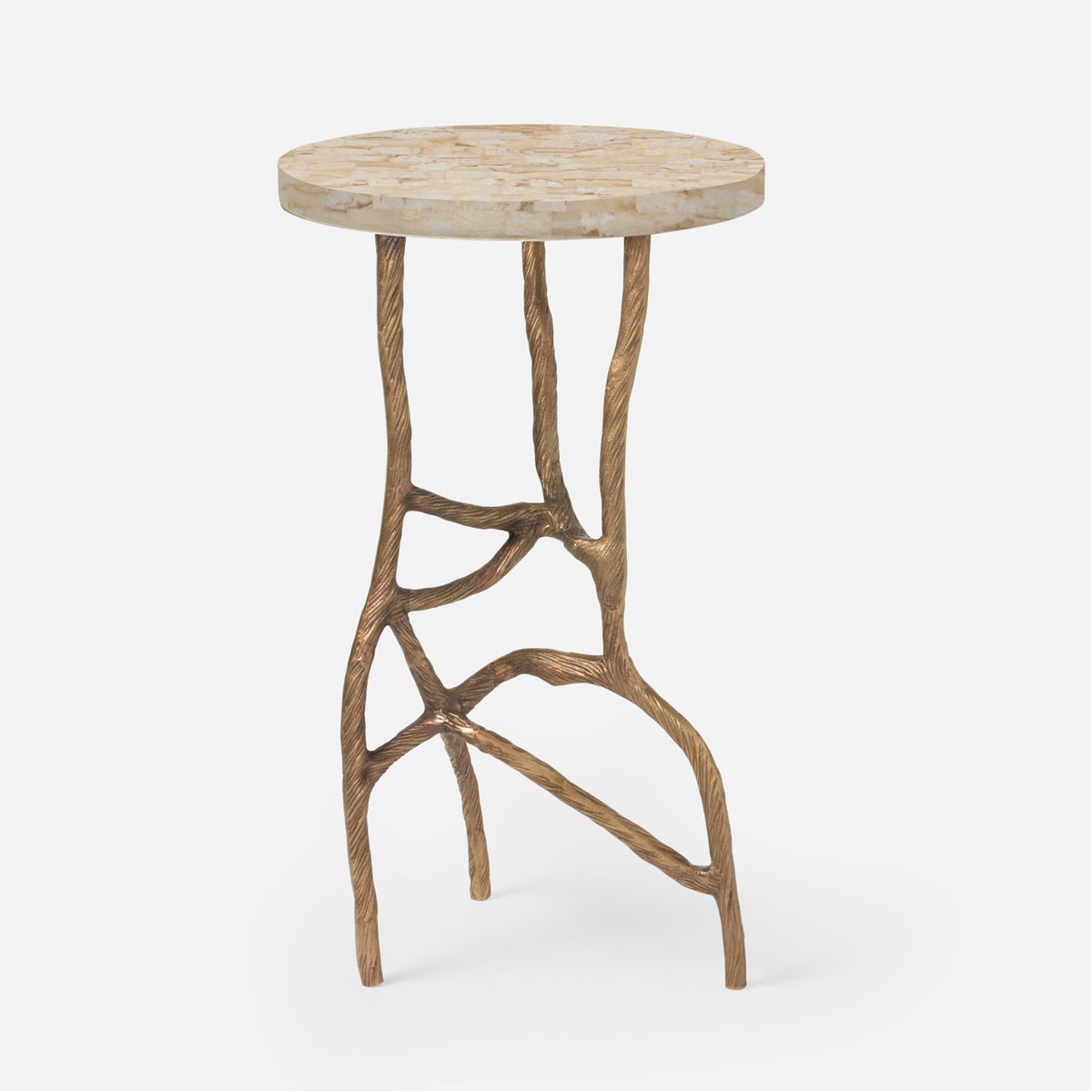 Made Goods Genevier Brass Tripod Base Side Table in Stone