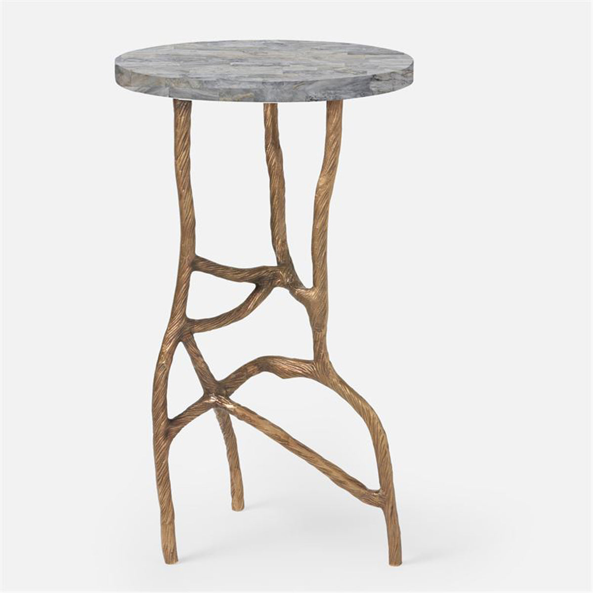 Made Goods Genevier Brass Tripod Base Side Table in Stone