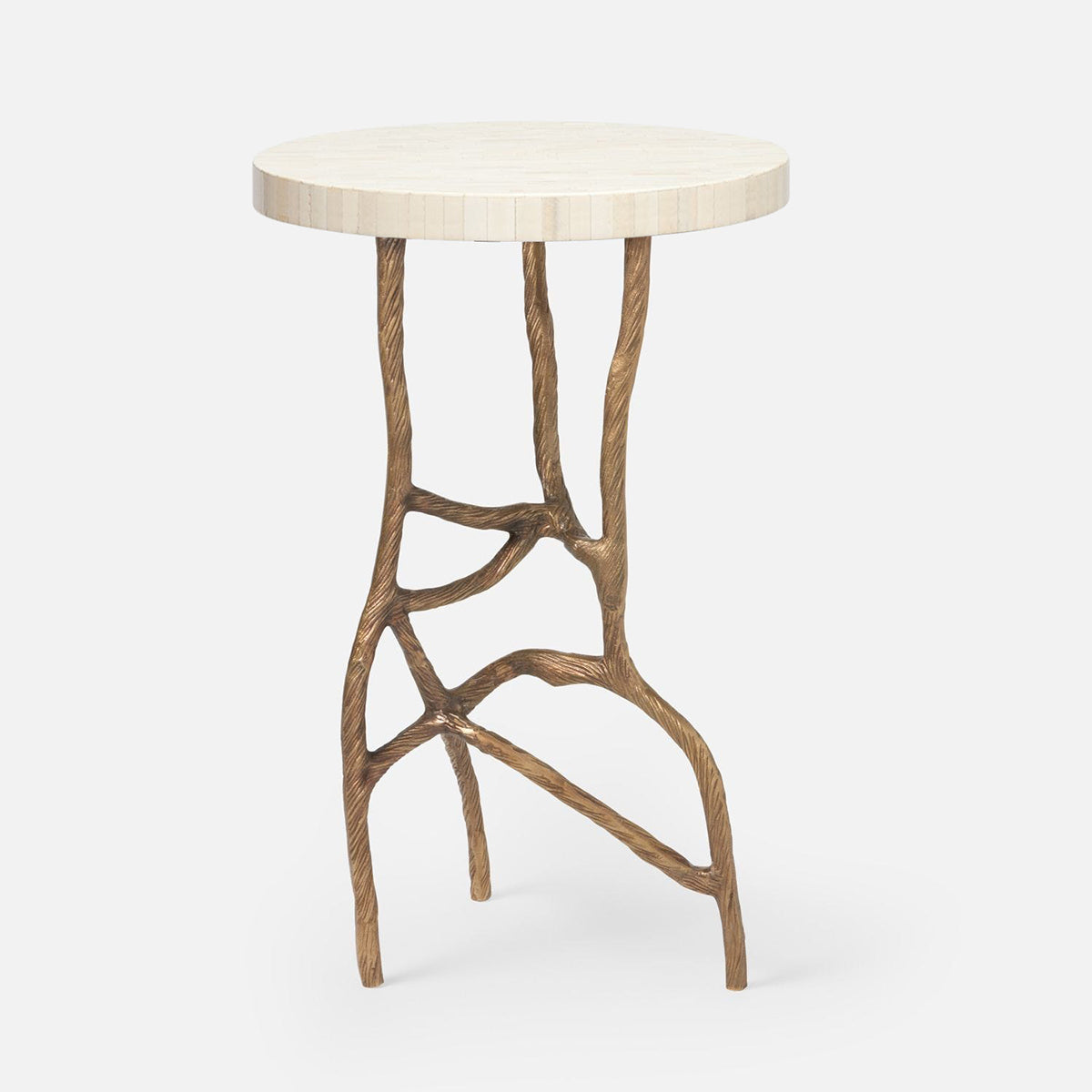 Made Goods Genevier Brass Tripod Base Side Table in Natural Bone