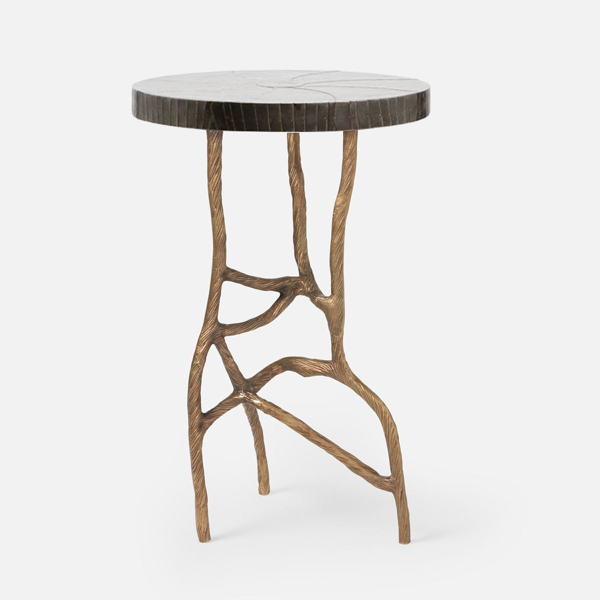 Made Goods Genevier Brass Tripod Base Side Table in Zinc Metal