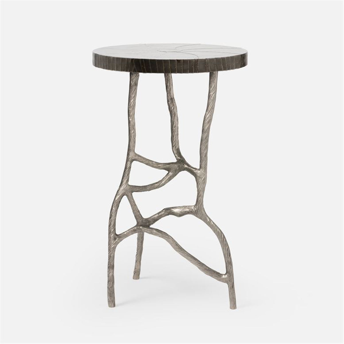 Made Goods Genevier Brass Tripod Base Side Table in Zinc Metal