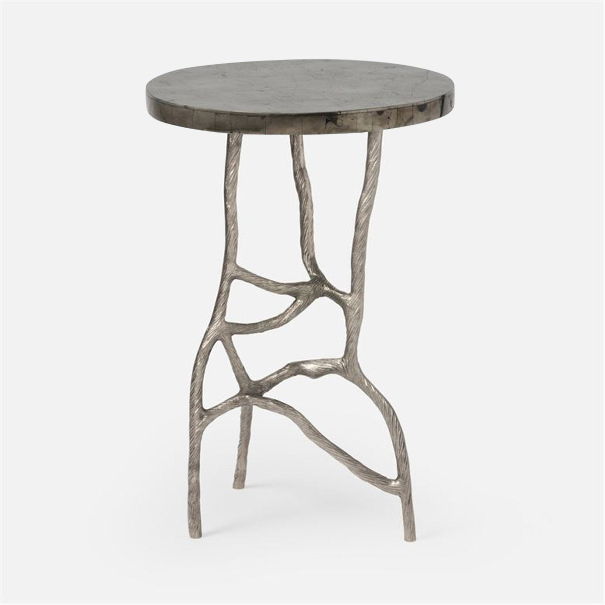 Made Goods Genevier Brass Tripod Base Side Table in Smoky Gold Pyrite