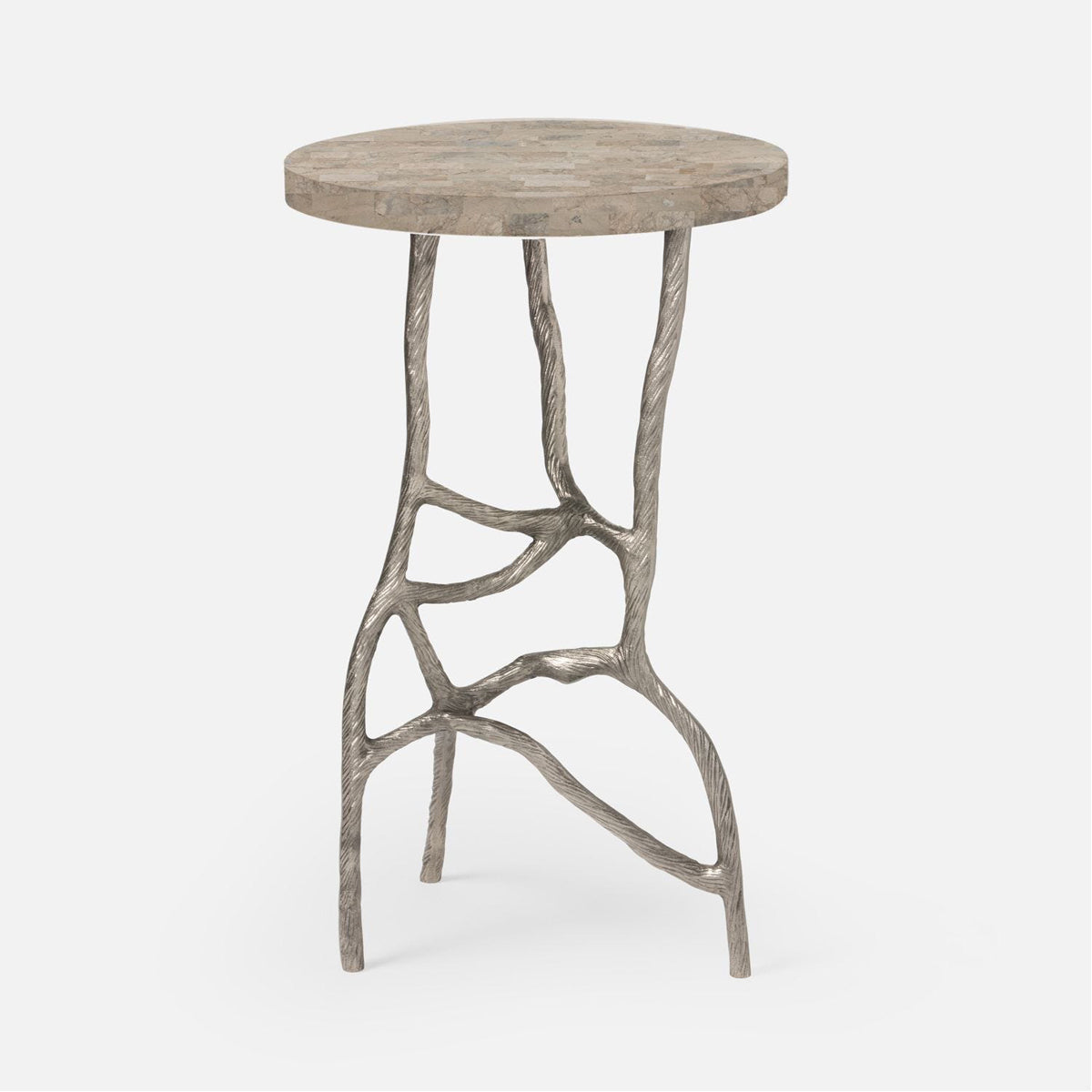 Made Goods Genevier Brass Side Table with Tripod Base in Marble