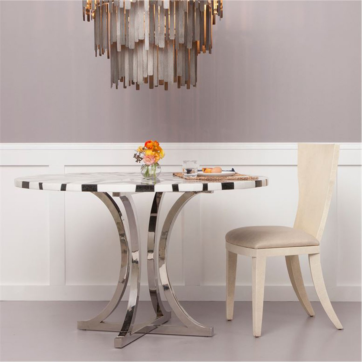 Made Goods Leighton Round Metal Dining Table in Geometric Marble