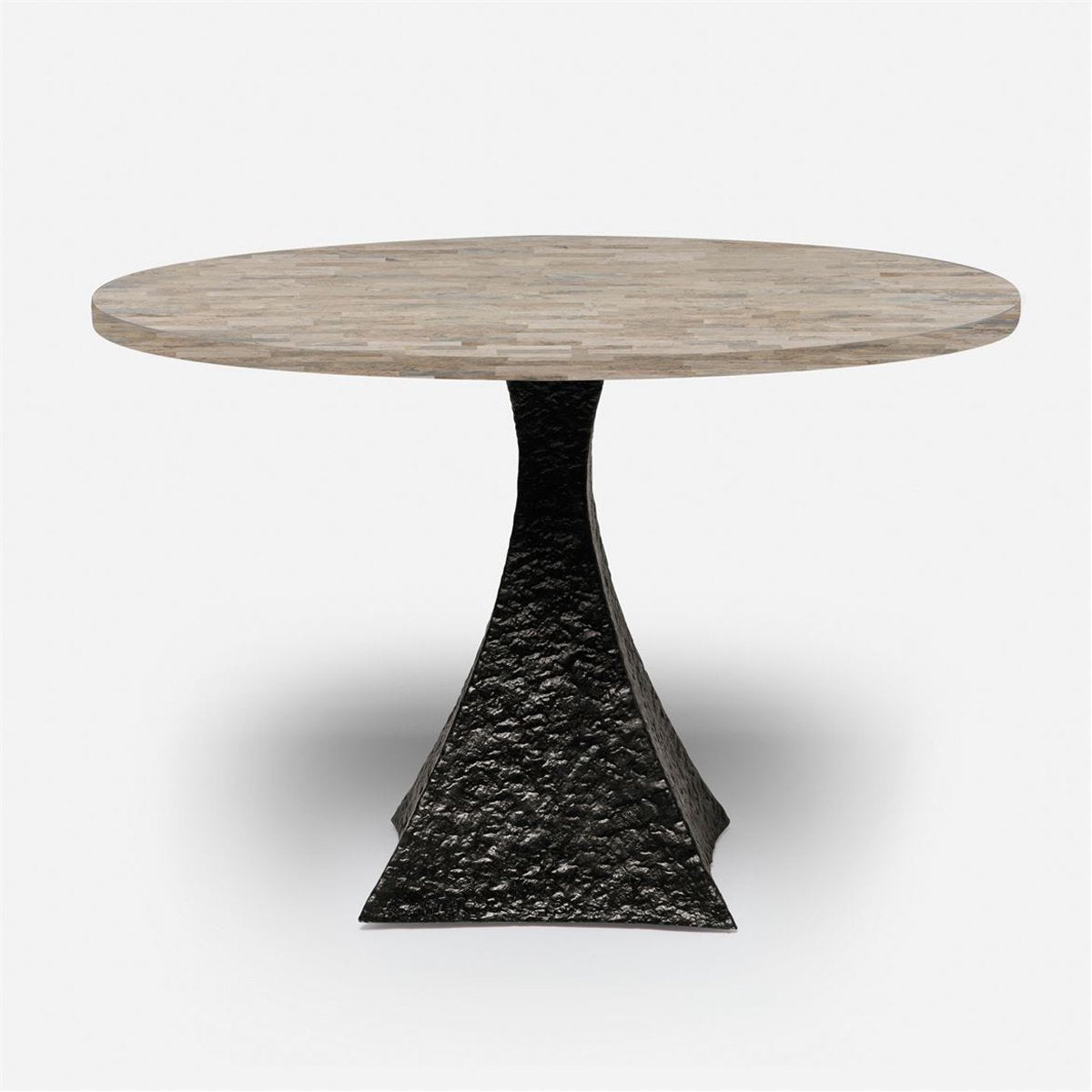 Made Goods Noor Round Metal Dining Table in Warm Gray Marble