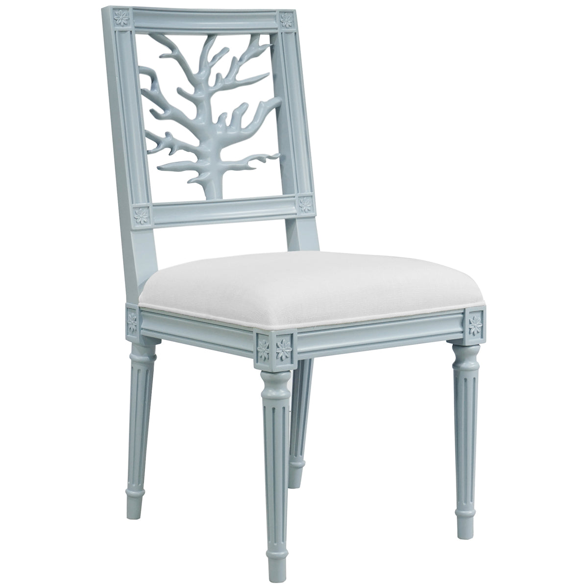 Worlds Away Coral Motif Back Dining Chair with White Linen Seat