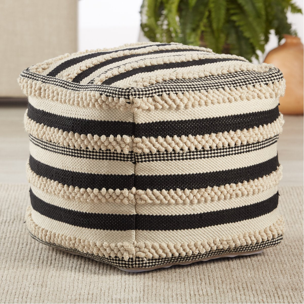 Jaipur Mandolin Meknes Stripes Textured Black Cream MDL01 Pouf