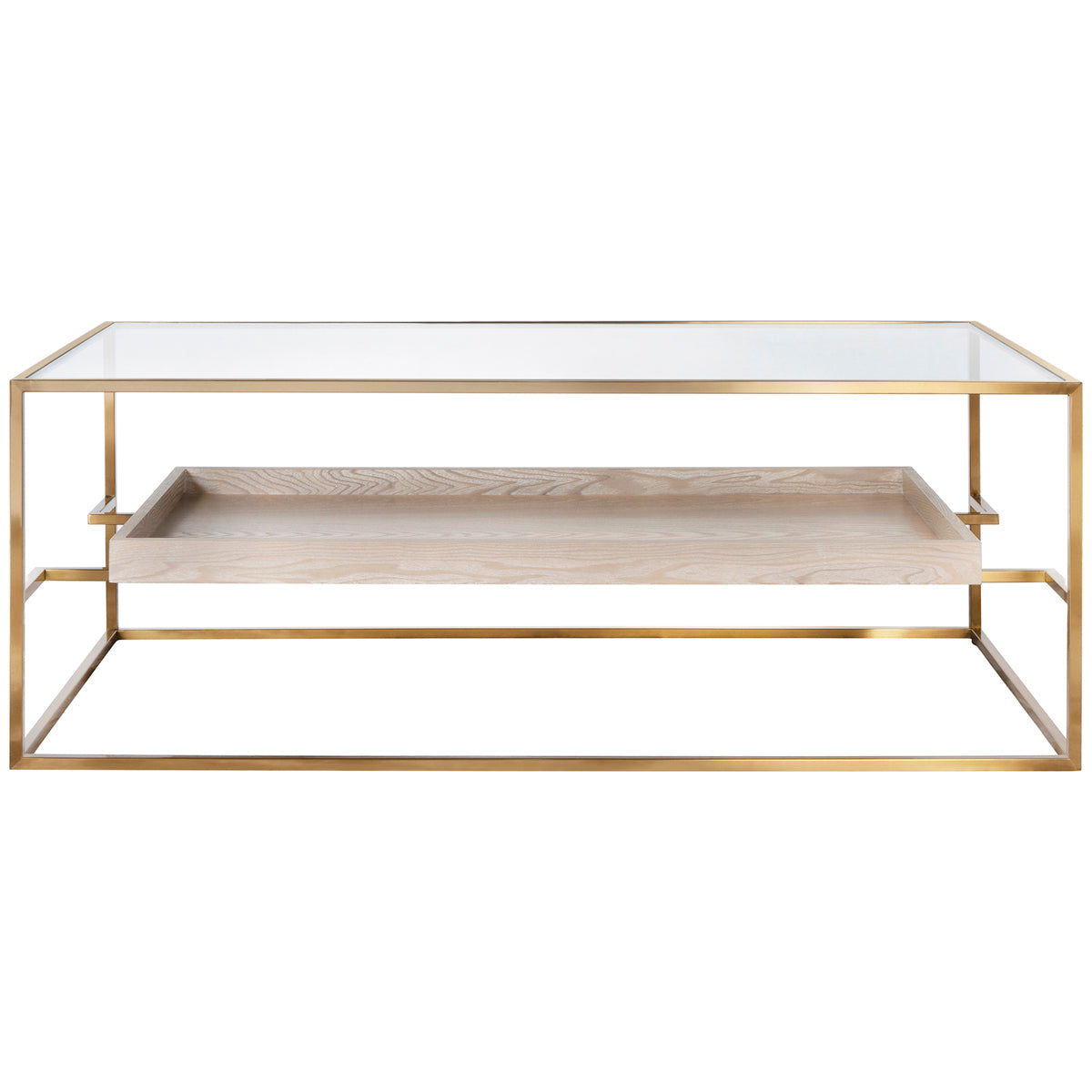 Worlds Away Glass Top Antique Brass Coffee Table with Floating Shelf