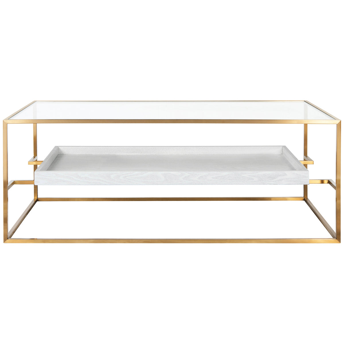 Worlds Away Glass Top Antique Brass Coffee Table with Floating Shelf