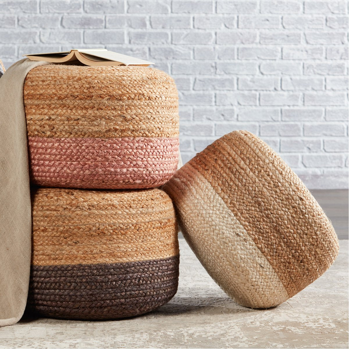 Jaipur Saba Oliana Ombre Stripes White Beige SAA09 Cylinder Pouf