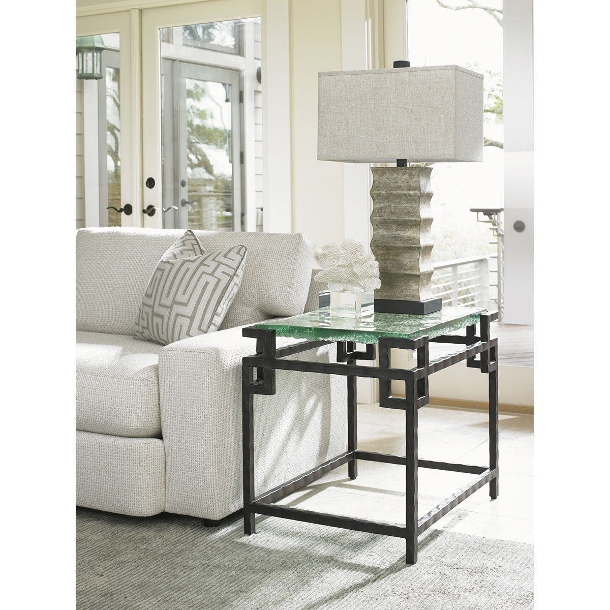 Tommy Bahama Island Fusion Black Hermes Reef Glass Top End Table