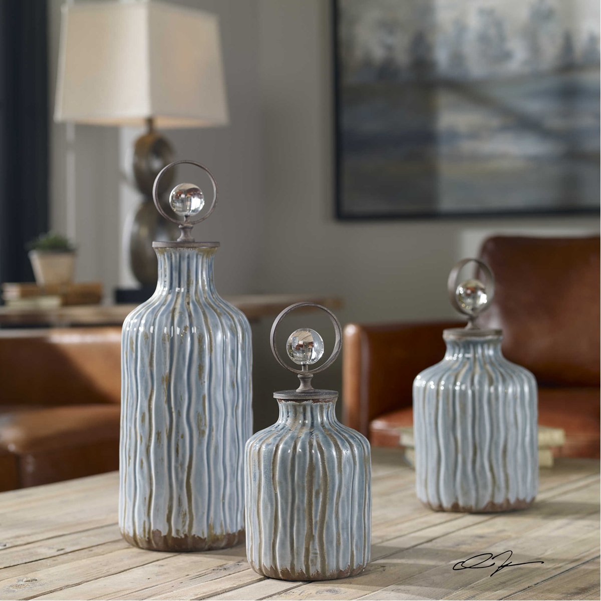 Uttermost Mathias Grey-Blue Bottles, 3-Piece Set