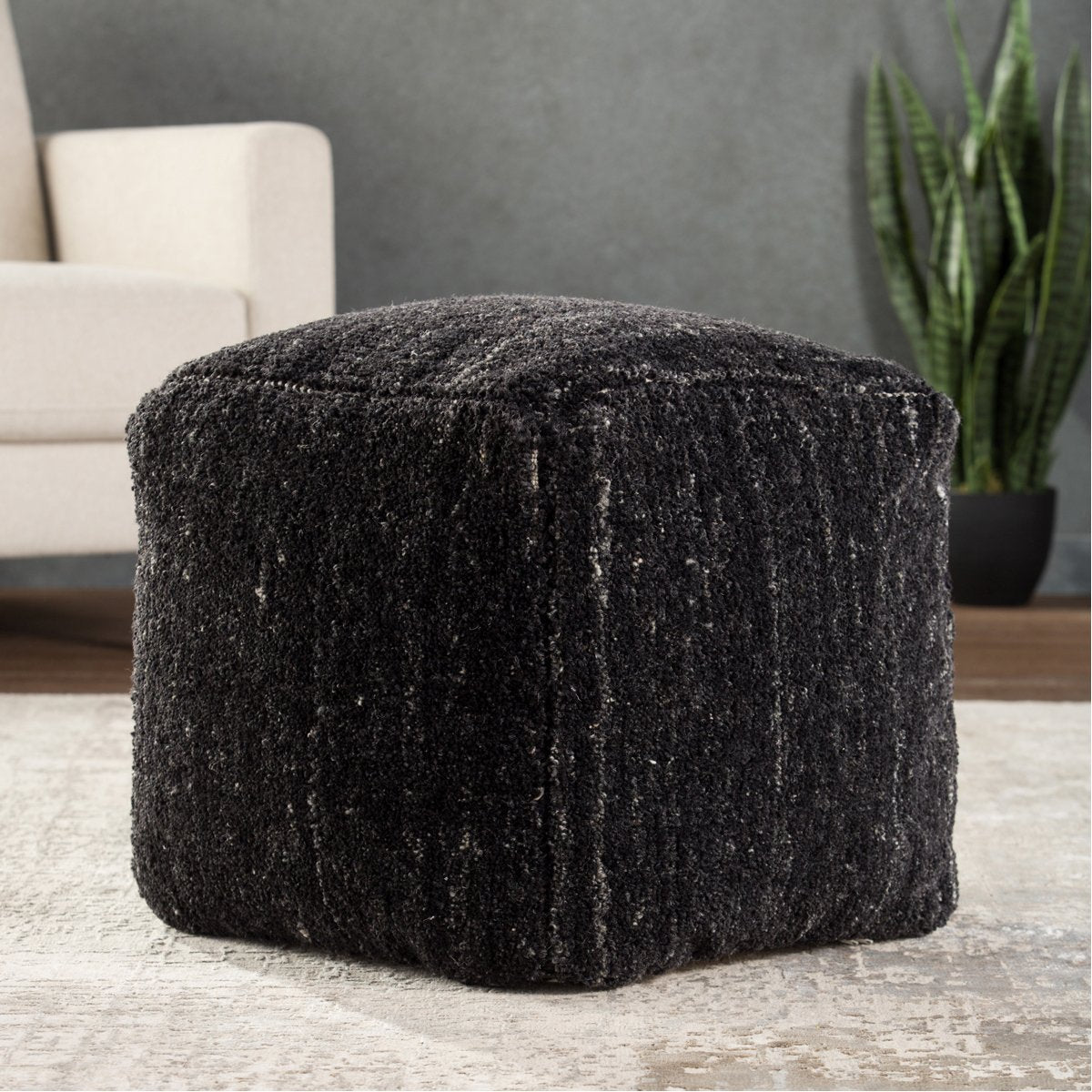 Jaipur Vagabond Sherwood Solid Black Ivory VBD01 Cube Pouf