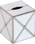 Worlds Away Kleenex Box White Glass with Silver Crosshatch