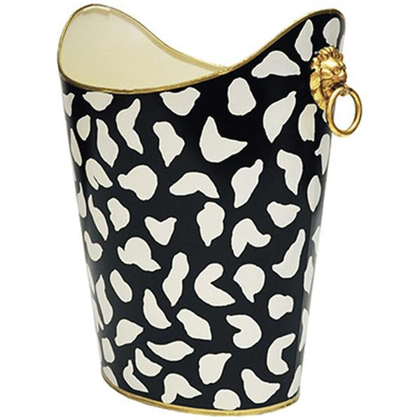 Worlds Away Oval Wastebasket with Lion Handles in Black Leopard