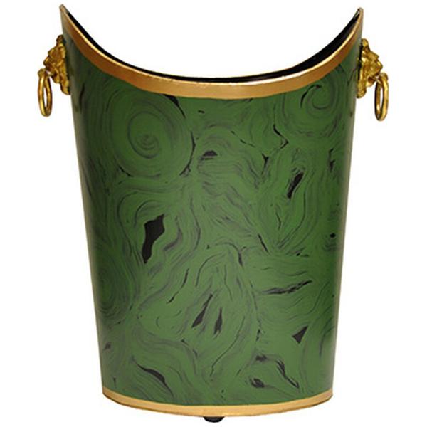 Worlds Away Oval Wastebasket with Lion Handles in Malachite