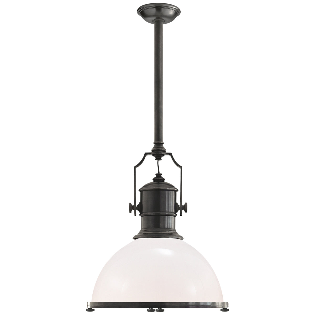 Visual Comfort Country Industrial Large Pendant with White Glass Shade