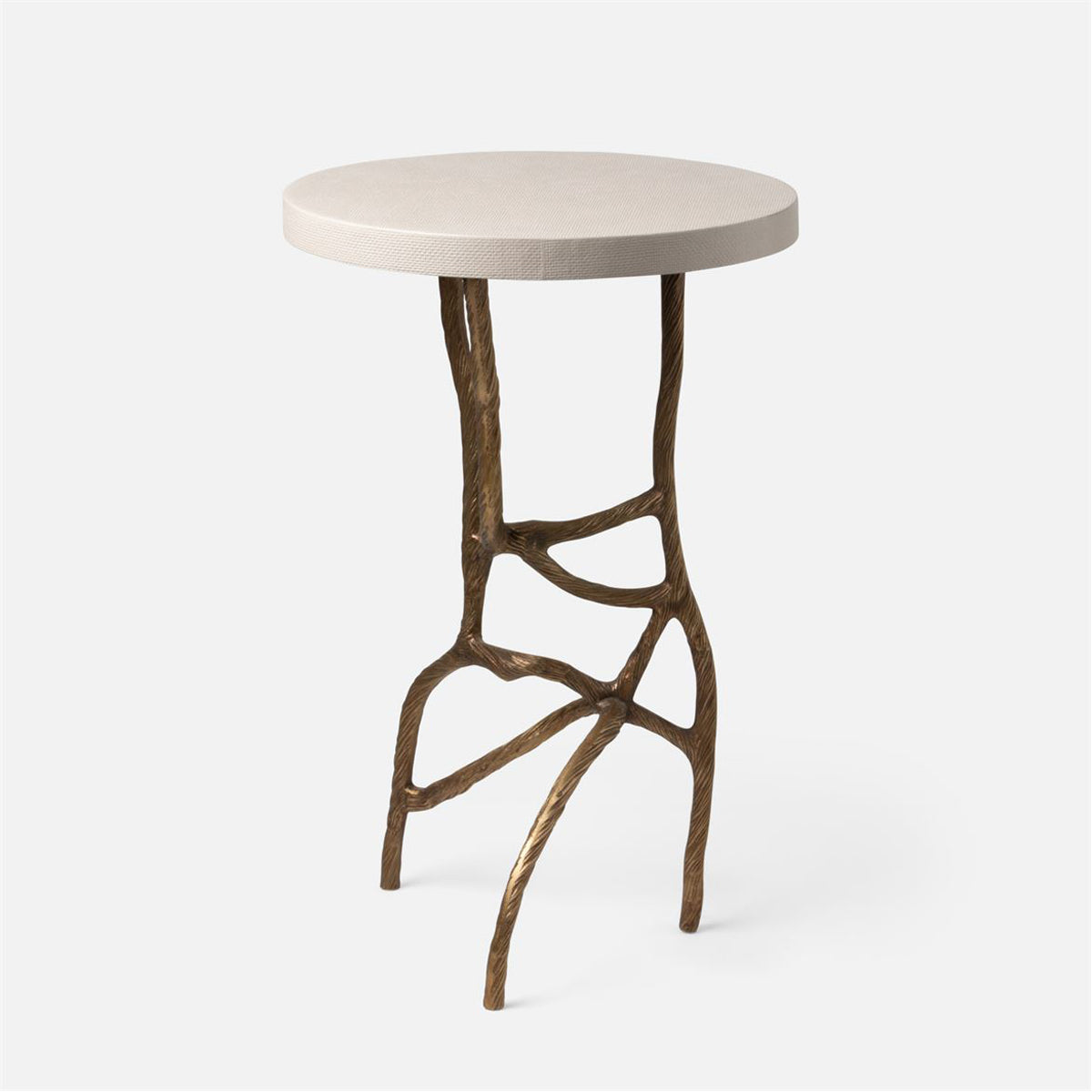 Made Goods Genevier Brass Tripod Base Side Table in Faux Canvas