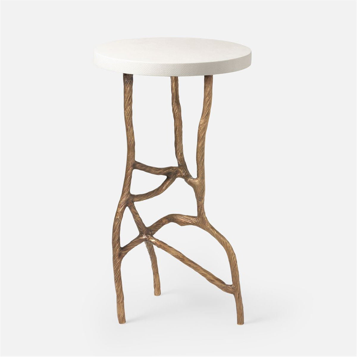 Made Goods Genevier Brass Tripod Base Side Table in Faux Canvas