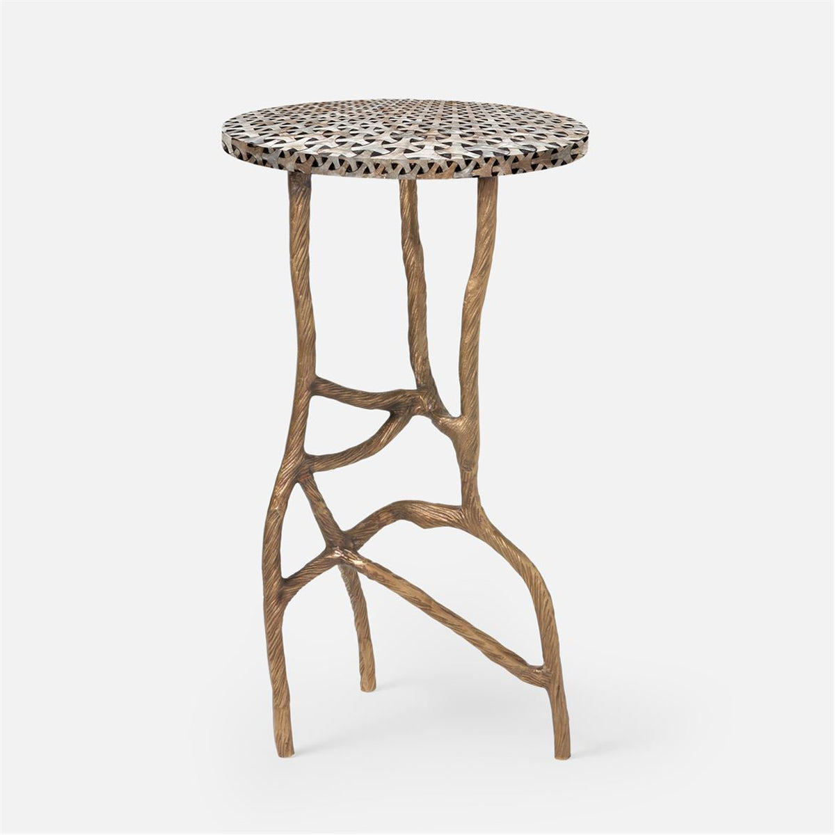 Made Goods Genevier Brass Tripod Base Side Table in Shell